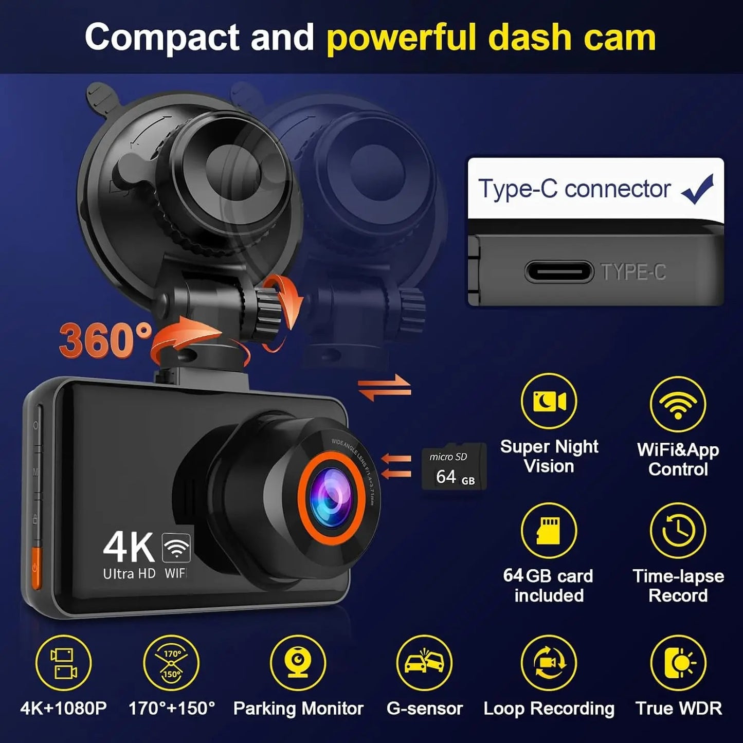 KQQ 4K WiFi Dash Cam with 64GB Sd Card