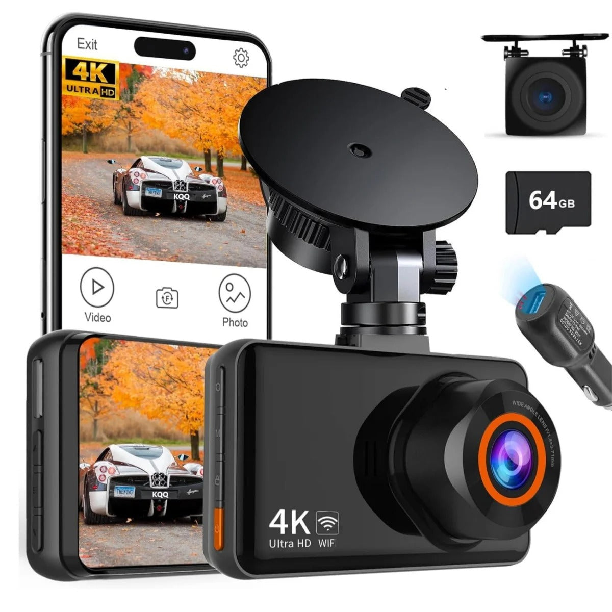 KQQ 4K WiFi Dash Cam with 64GB Sd Card